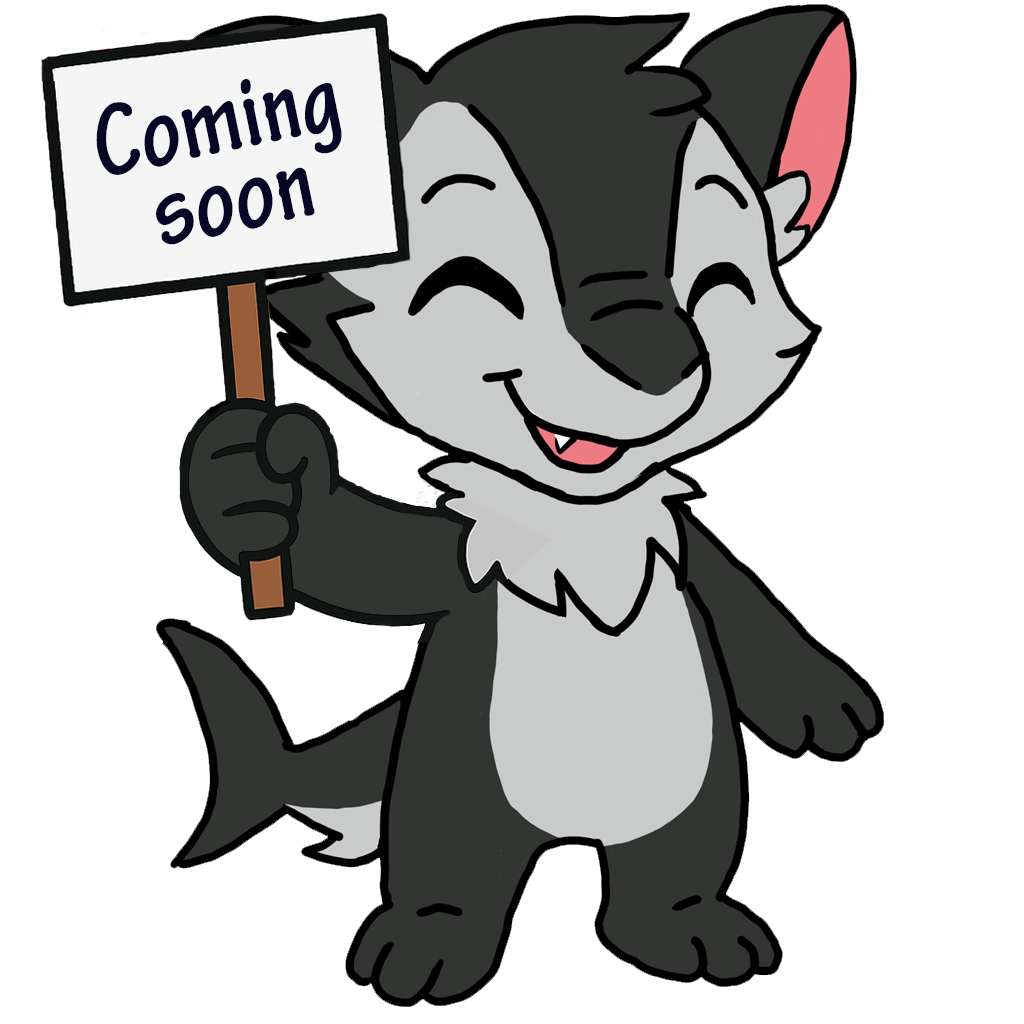 Fröhlich lächelndes Maskottchen Noki hält ein Schild mit der Aufschrift ‚Coming soon‘ in der Hand.
